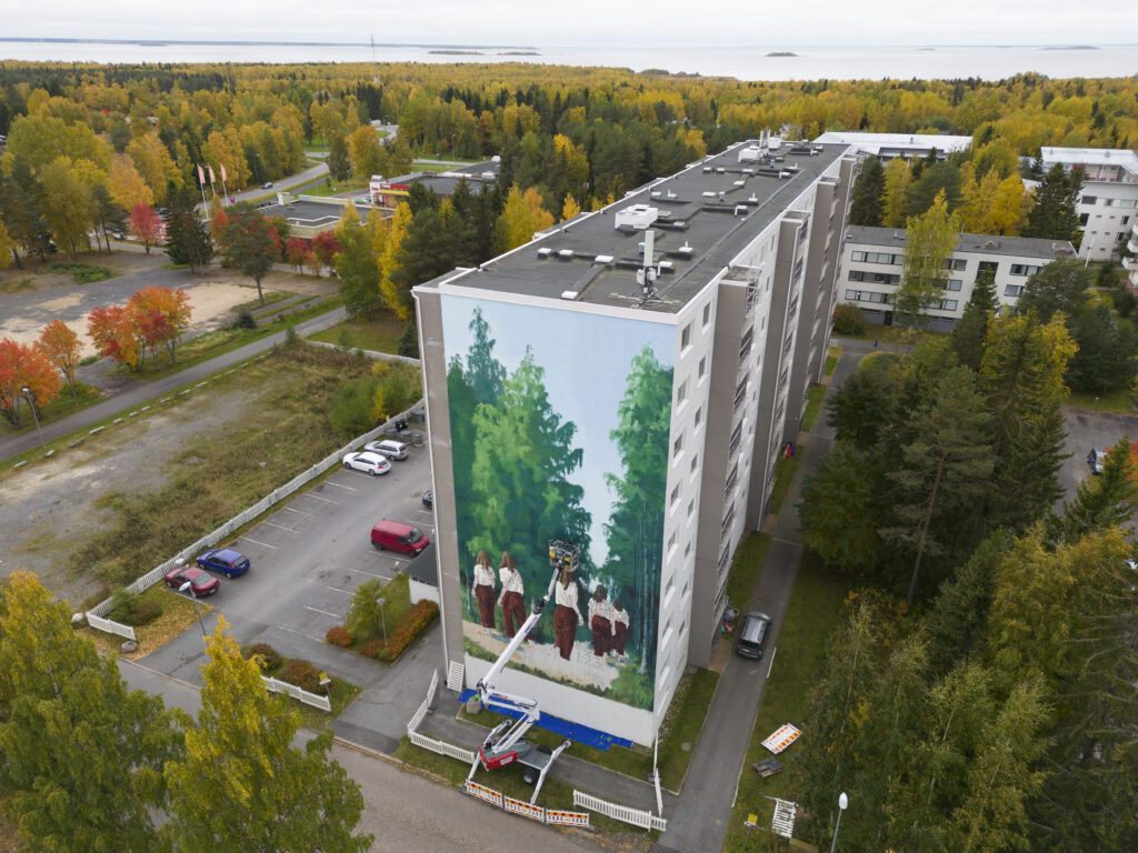 drone image of the rajakylä mural