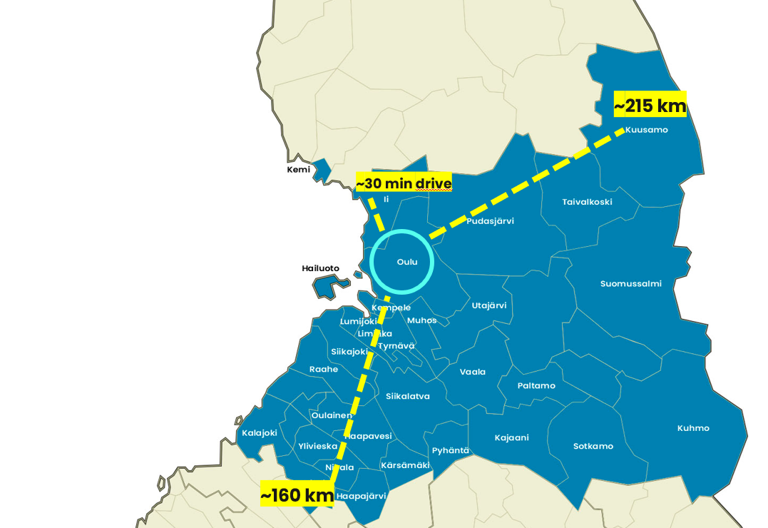 Map of Oulu and the 33 munincipalities surrounding it, included with examples of the distances in kilometers (Oulu-Kuusamo 215km)