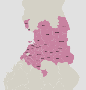 Map of northern Finland with pink highlights of 39 munincipalities part of Oulu2026