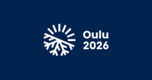 Oulu 2026 logo ja symboli sinisellä taustalla