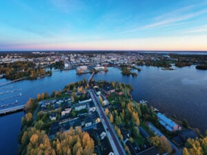 Aerial view of Oulu and Pikisaari island in the autumn