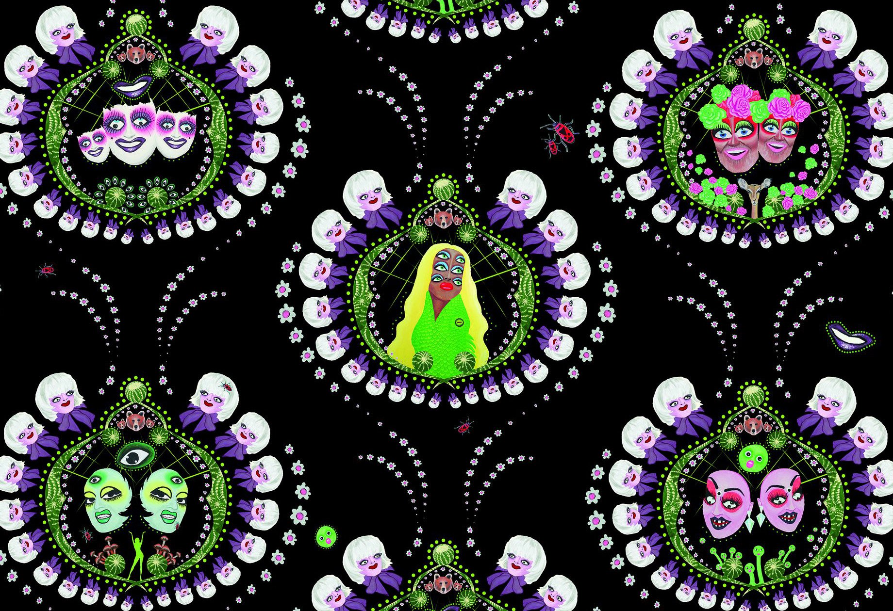 Eye-Leen Print, detail of printed fabric designed by textile artist Jani Maunula based on self-portraits by Tatu Vuolteenaho.