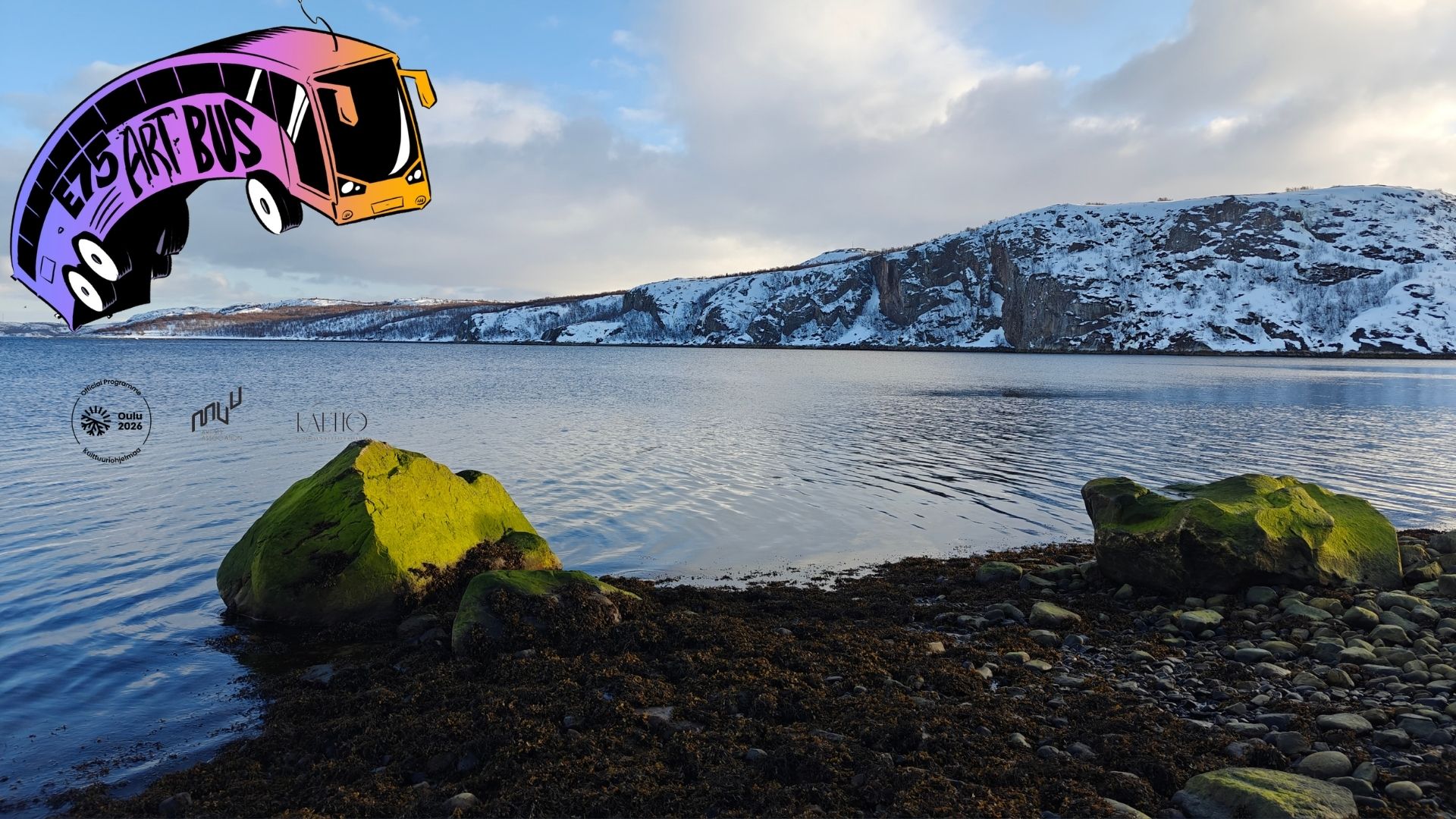 Nature itself is like art on the shore of Prestøy in Kirkenes, Norway – one of the northernmost region where the E75 Art Bus will head in 2026. Our current artist-in-residence team working by the magnificent Arctic Ocean includes Saara Kumpulainen, Eeva-Liisa Puhakka, and Jenni-Juulia Wallinheimo-Heimonen. Photo: Eeva-Liisa Puhakka.