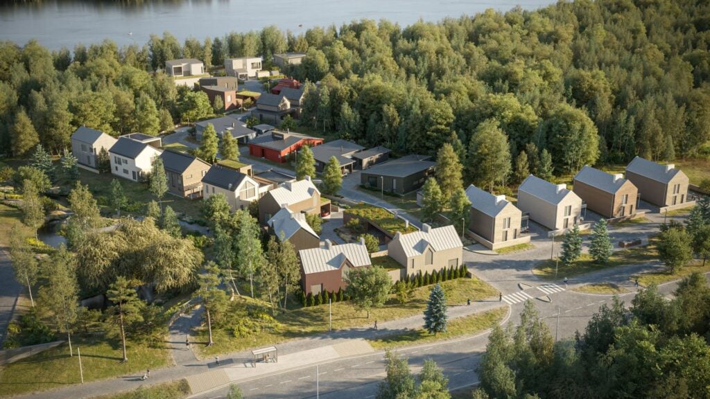 Moderni asuinkylä vehreässä ympäristössä joen rannalla.