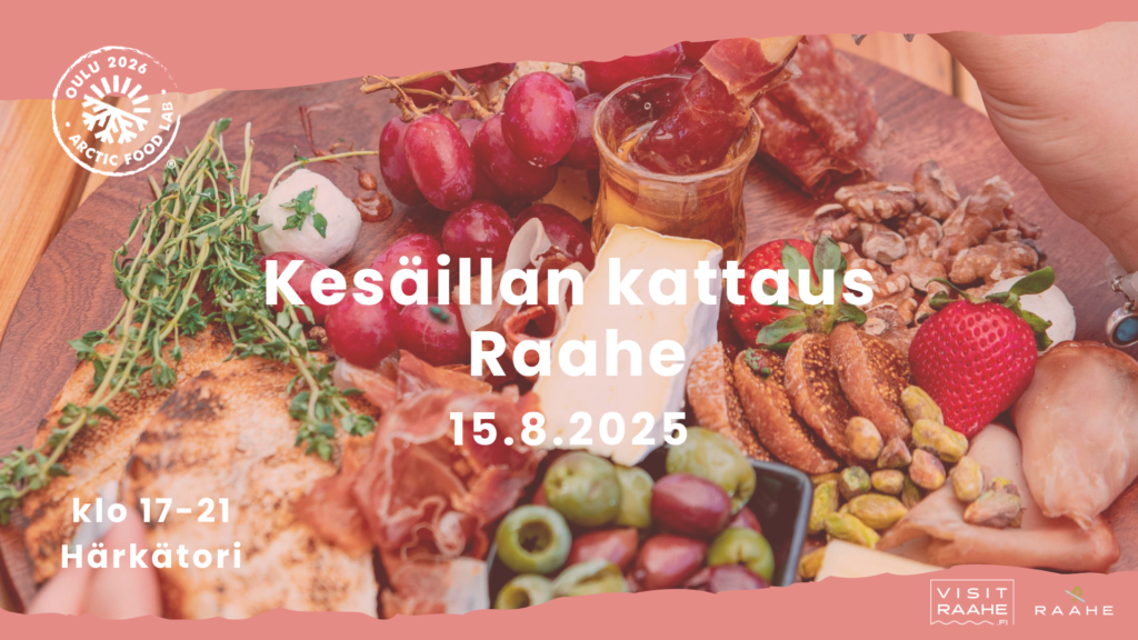 Kesäillan kattaus Raahe -tapahtuman graafinen ilme. Vaaleanpunaiset sävyt ja ruokakuva.