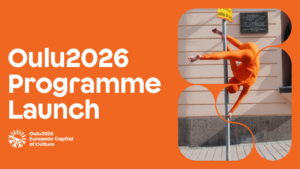 Oulu2026 ohjelmajulkaisu, akrobaatti oranssissa puvussa