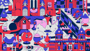 Värikäs surrealistinen kaupunkimaisema sarjakuvahahmoilla.