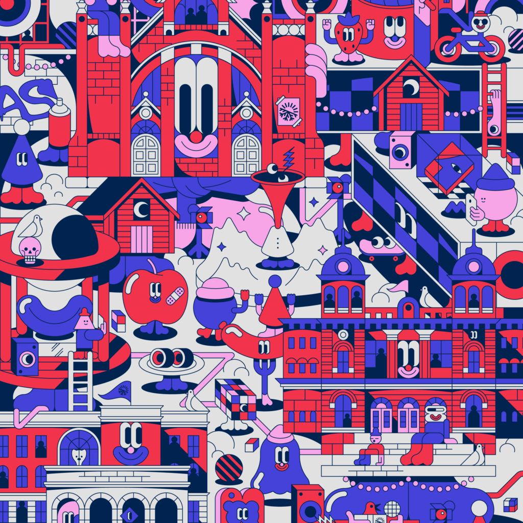 Colourful abstract cityscape with cartoon characters