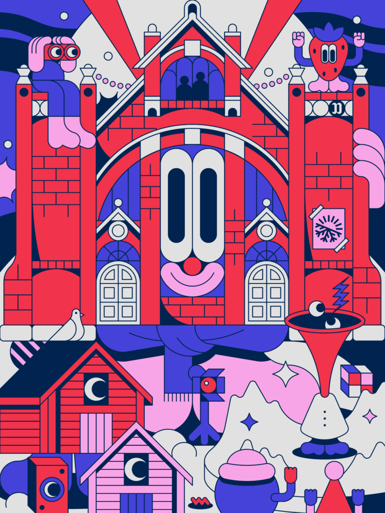 Abstrakti värikäs surrealistinen rakennus ja hahmot