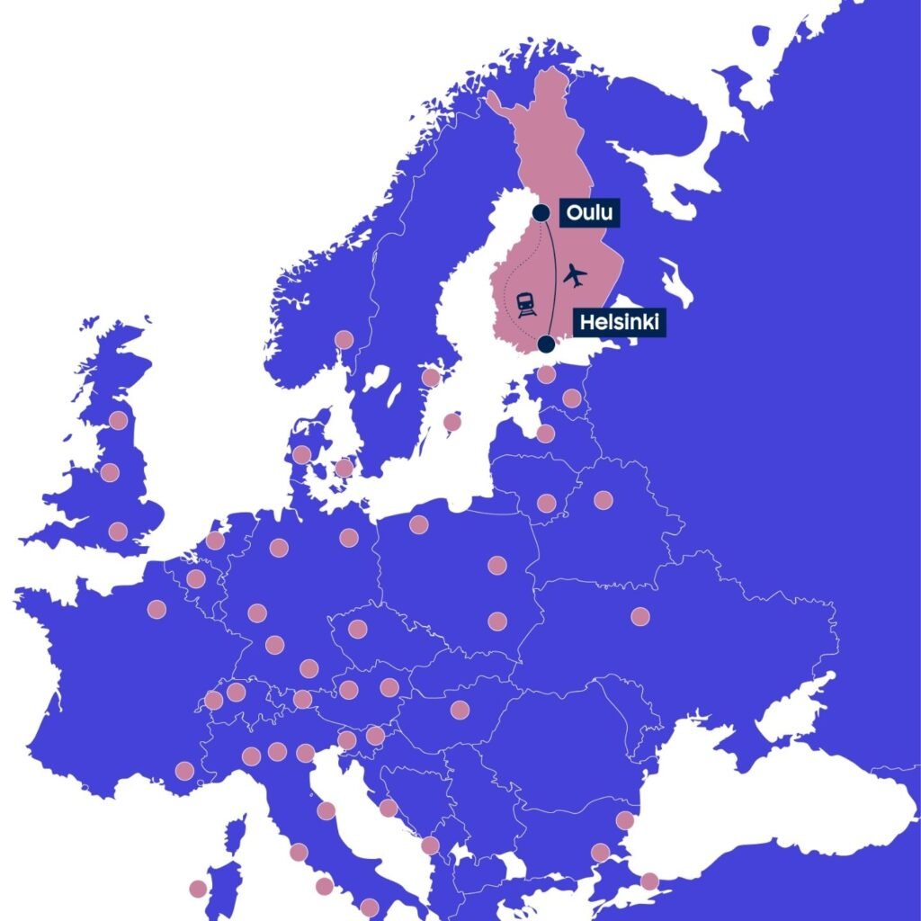 Map showing cities in Europe with Oulu and Helsinki.