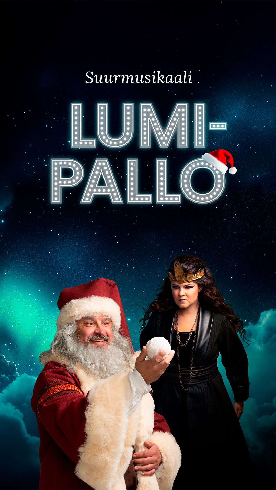 Suurmusikaali Lumipallo mainoskuva joulupukki ja nainen