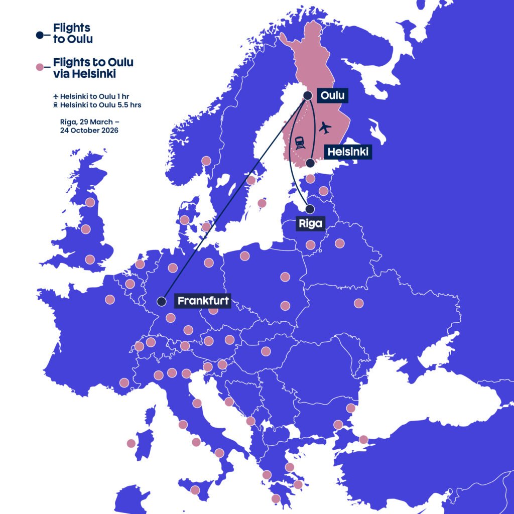 Flight routes to Oulu via Helsinki and Frankfurt.