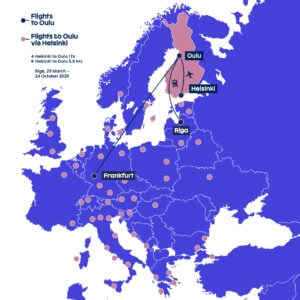 Flight routes to Oulu via Helsinki and Frankfurt.