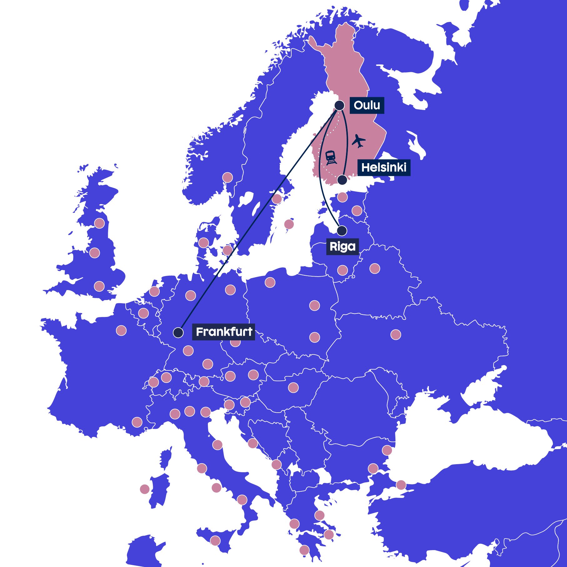 Map showing Oulu, Helsinki, Riga, Frankfurt routes.