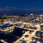 Aerial view of Oulu city centre in winter.