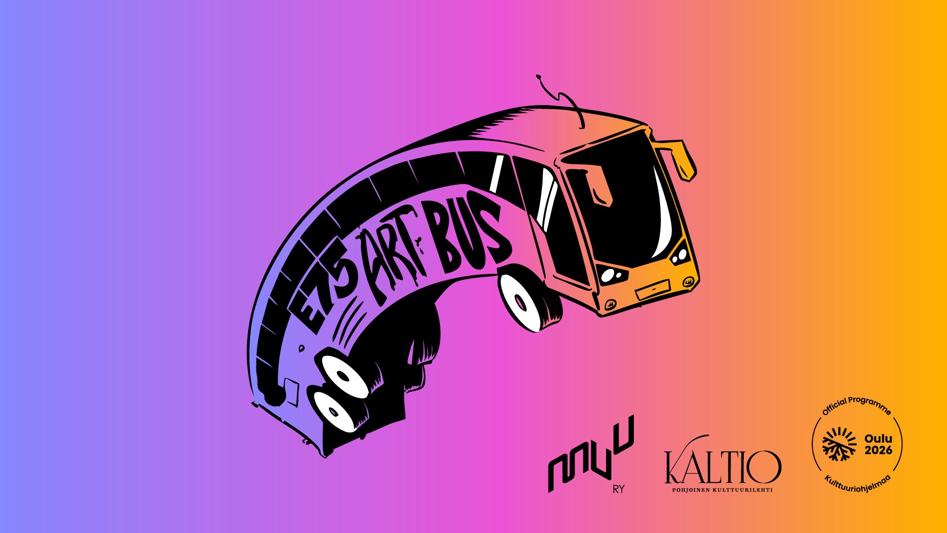 E75 Taidebussin bussilogo gradientilla lila-pinkki-oranssi-taustalla