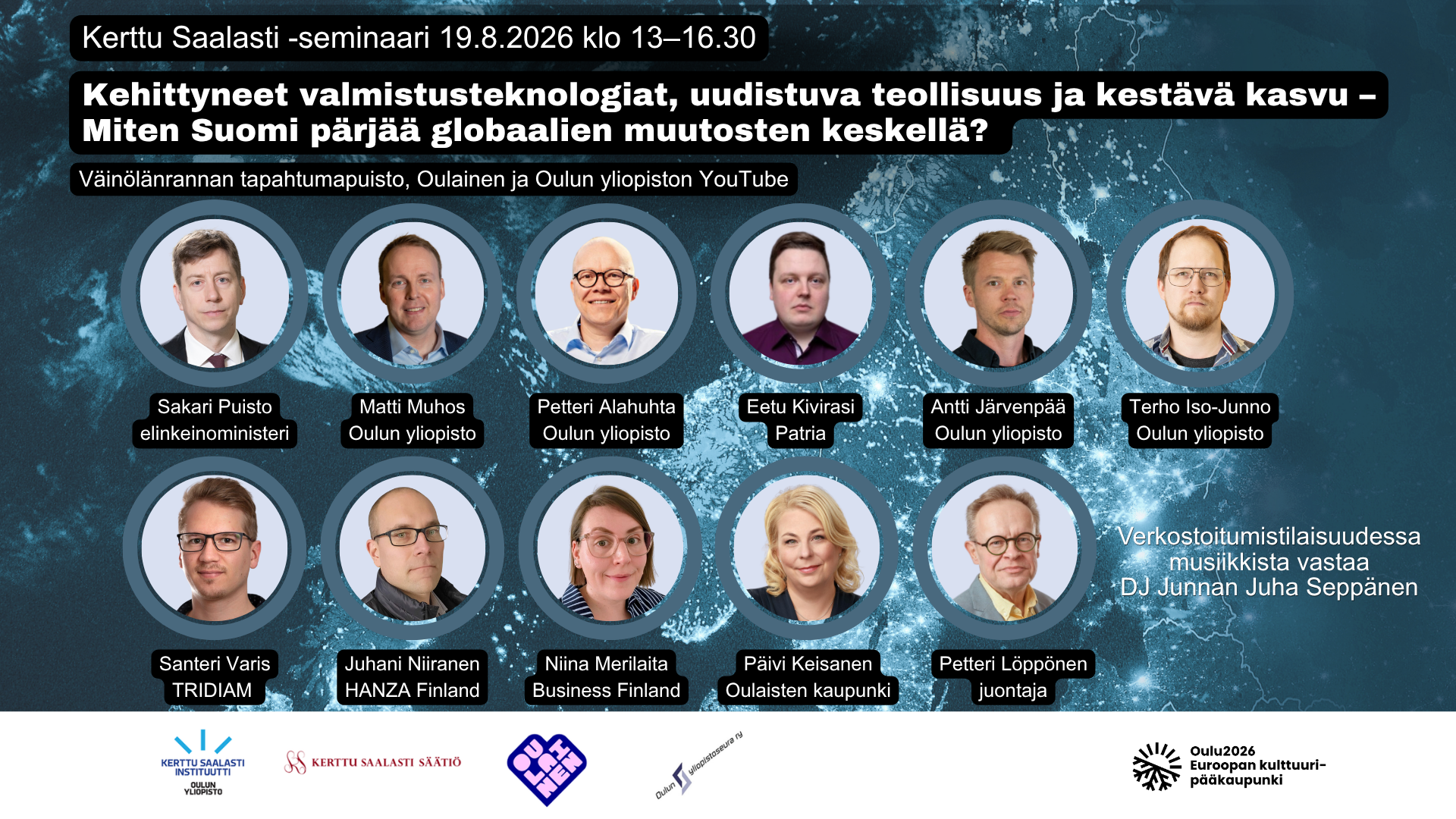Kerttu Saalasti -seminaarin puhujat. Kuvat: Lauri Heikkinen, Minna Kilpeläinen, Mikko Törmänen, Juhani Niiranen, Niina Kivirasi, Niina Merilaita, Studio P.S.V., Studio LempiKuva ja Anu Mäkinen