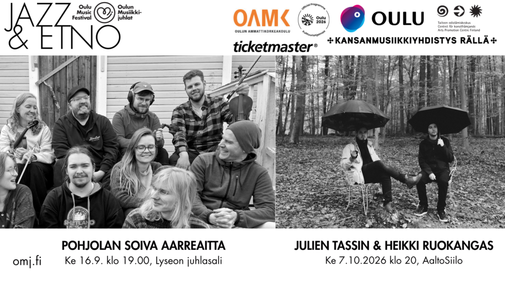 Konsertin tiedot sekä kuvat Pohjolan soiva aarreaitta ja Julien Tassin & Heikki Ruokangas. Kuvaajat vasen kuva: Ilona Ruohomäki, oikea kuva: Lucinde Wahlen.