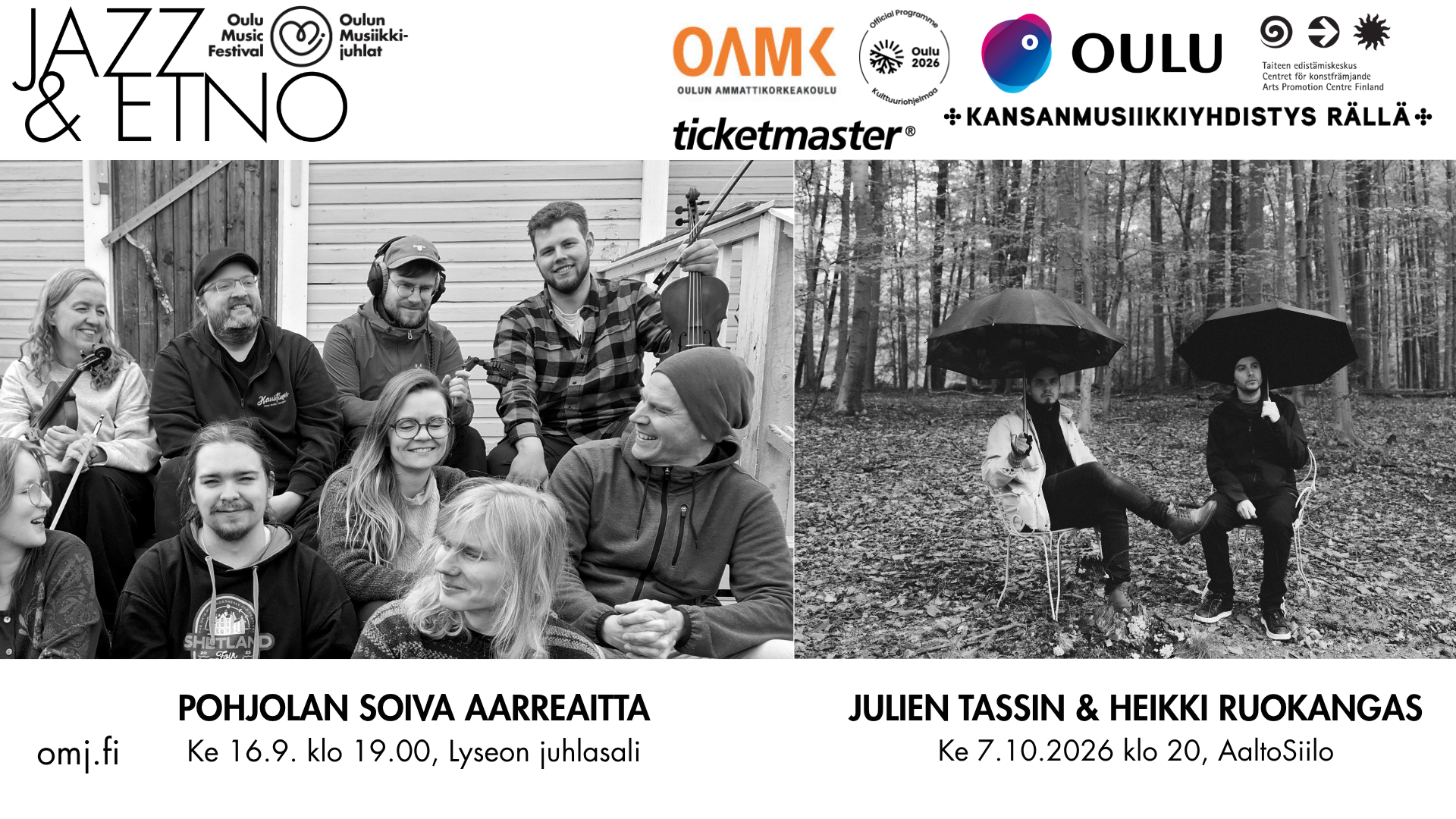 Konsertin tiedot sekä kuvat Pohjolan soiva aarreaitta ja Julien Tassin & Heikki Ruokangas. Kuvaajat vasen kuva: Ilona Ruohomäki, oikea kuva: Lucinde Wahlen.