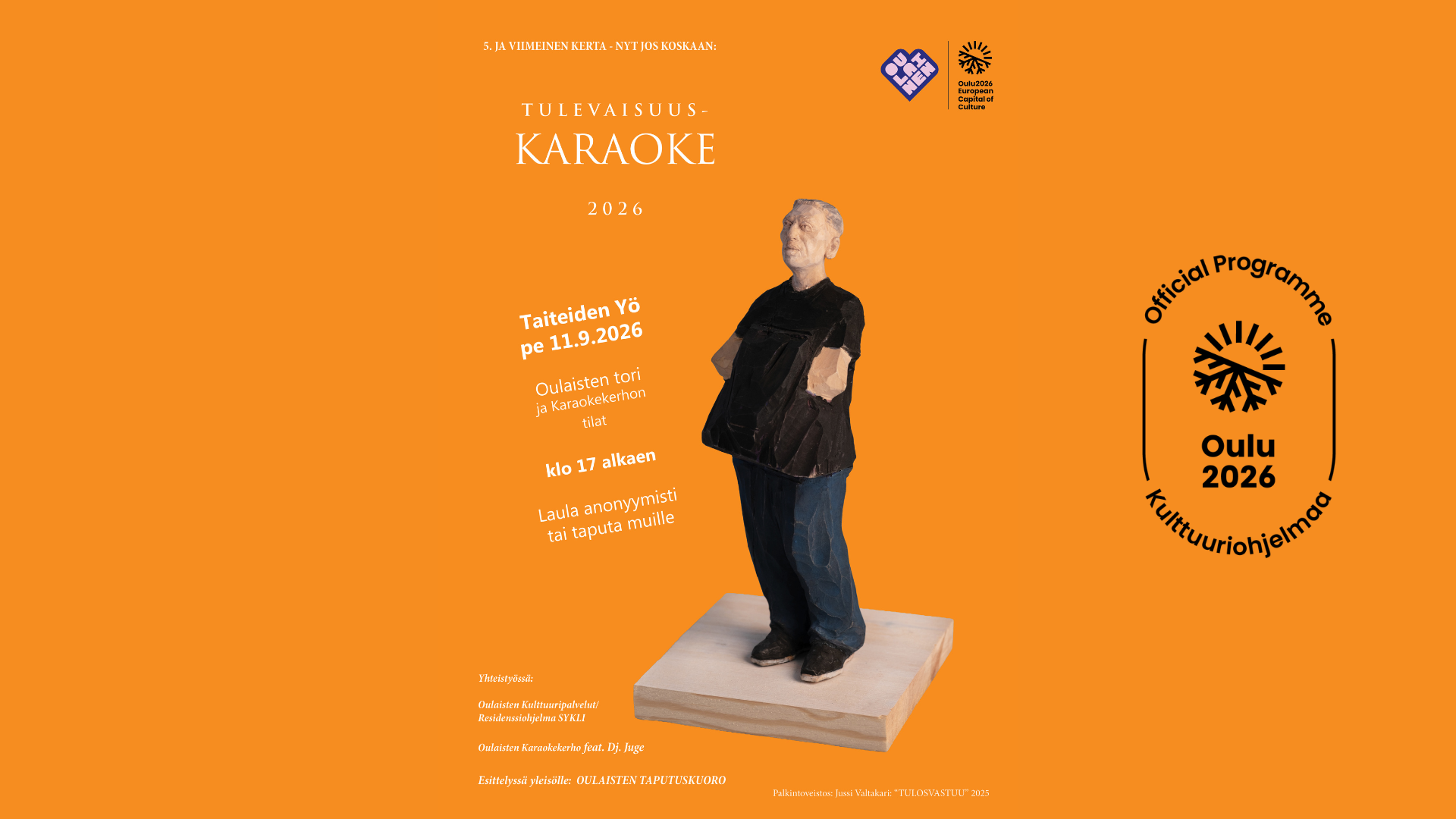 Tulevaisuuskaraoken palkintoveistos "Tulosvastuu" Jussi Valtakari. Kuva: Juha Allan Ekholm 2026.