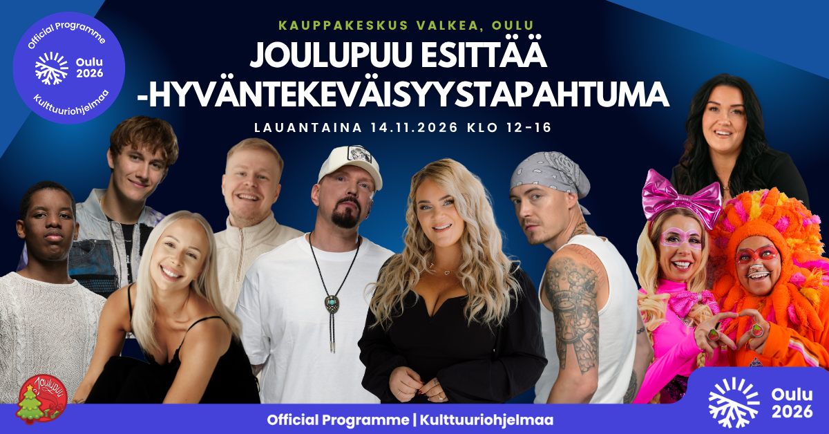 Joulupuun kummit: Aaro, Joacim, Nea Snellman, Veetu Vuori, Brädi, Rosanna Kulju, Dilemma, Mimi, Kuku, Nora Rantalainen. Kuvan taittaja, Marika Meri.