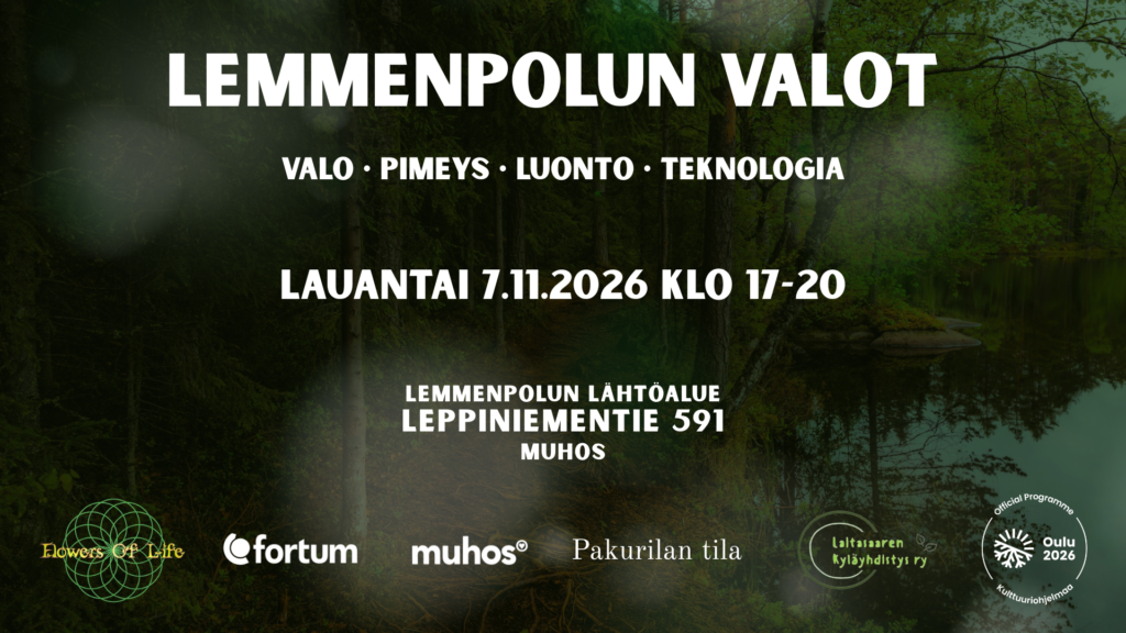 Promotional image for the Lemmenpolun Valot 2026 (Lights of the Lemmenpolku Trail) event. The image features a forest and riverside landscape. Photo: Municipality of Muhos.